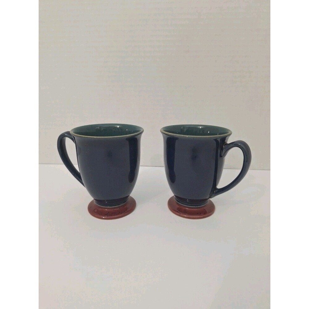 Set of 2 Denby England Harlequin Footed Ceramic Mugs Blue Green Red 4 1/4"  EUC